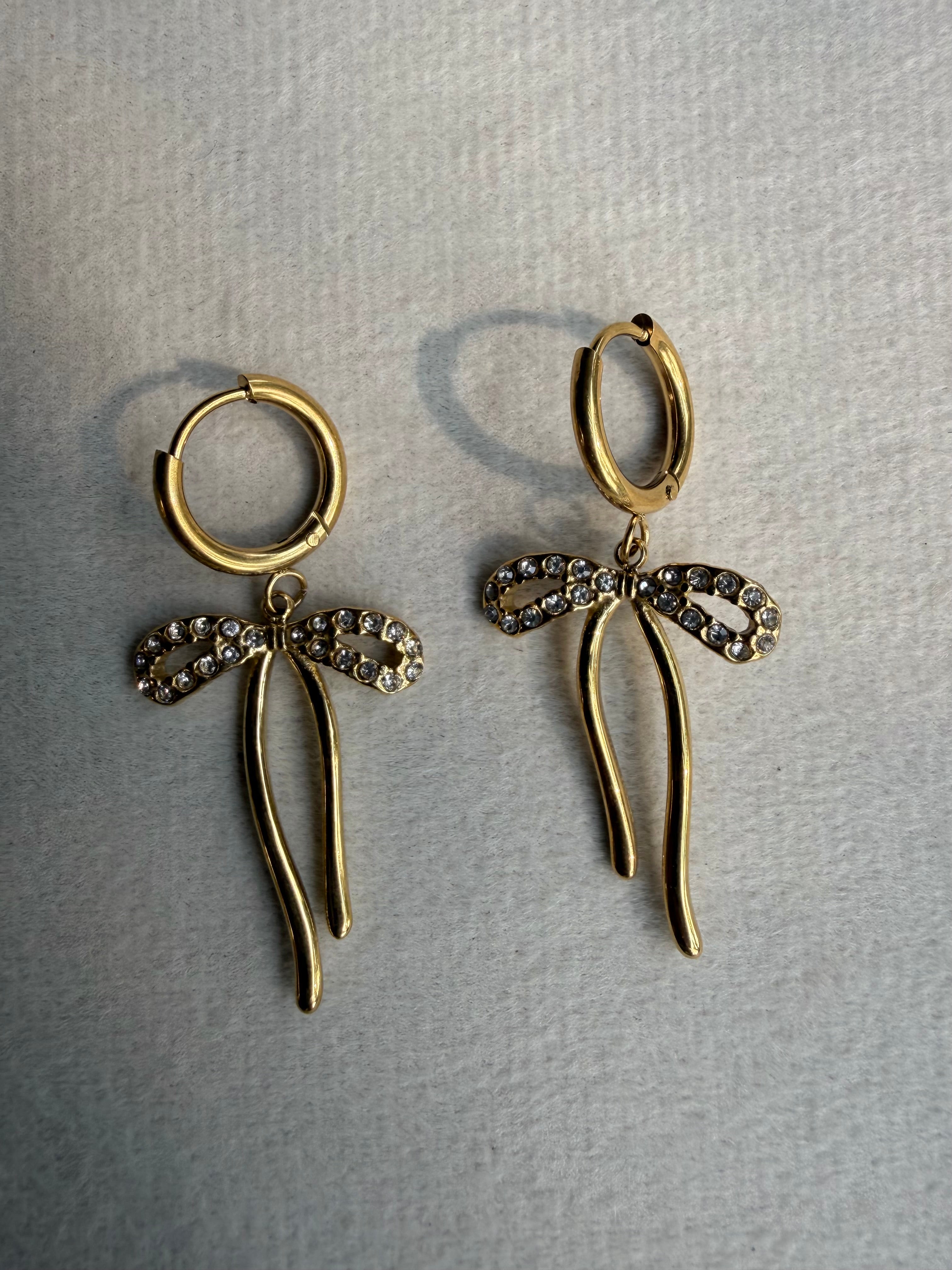 Crystal Bow Drop Huggie Earrings