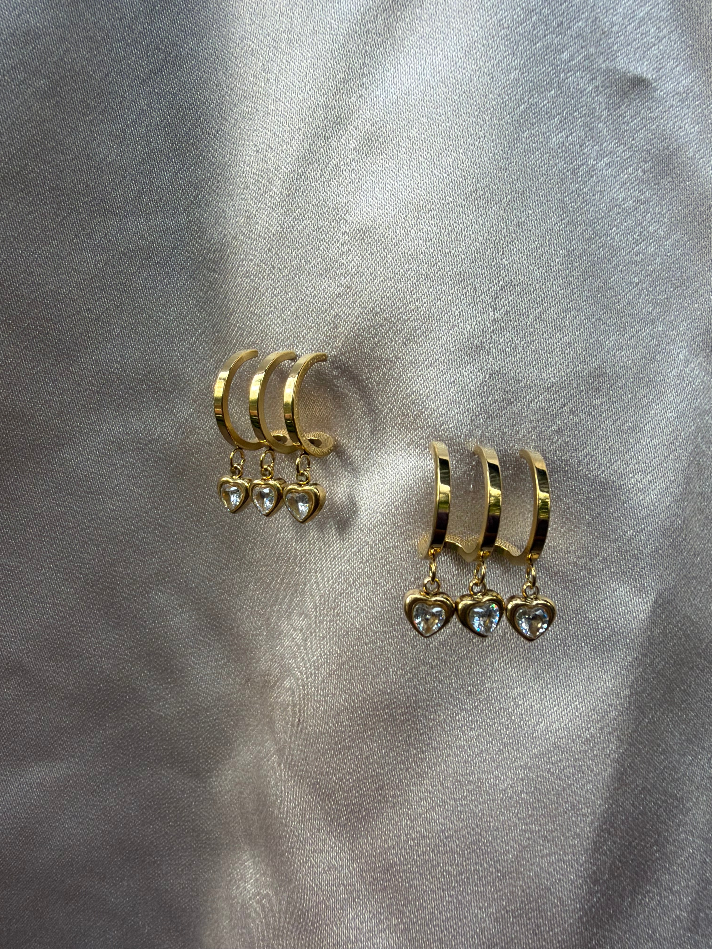Triple Heart Crystal Drop Huggie Earrings