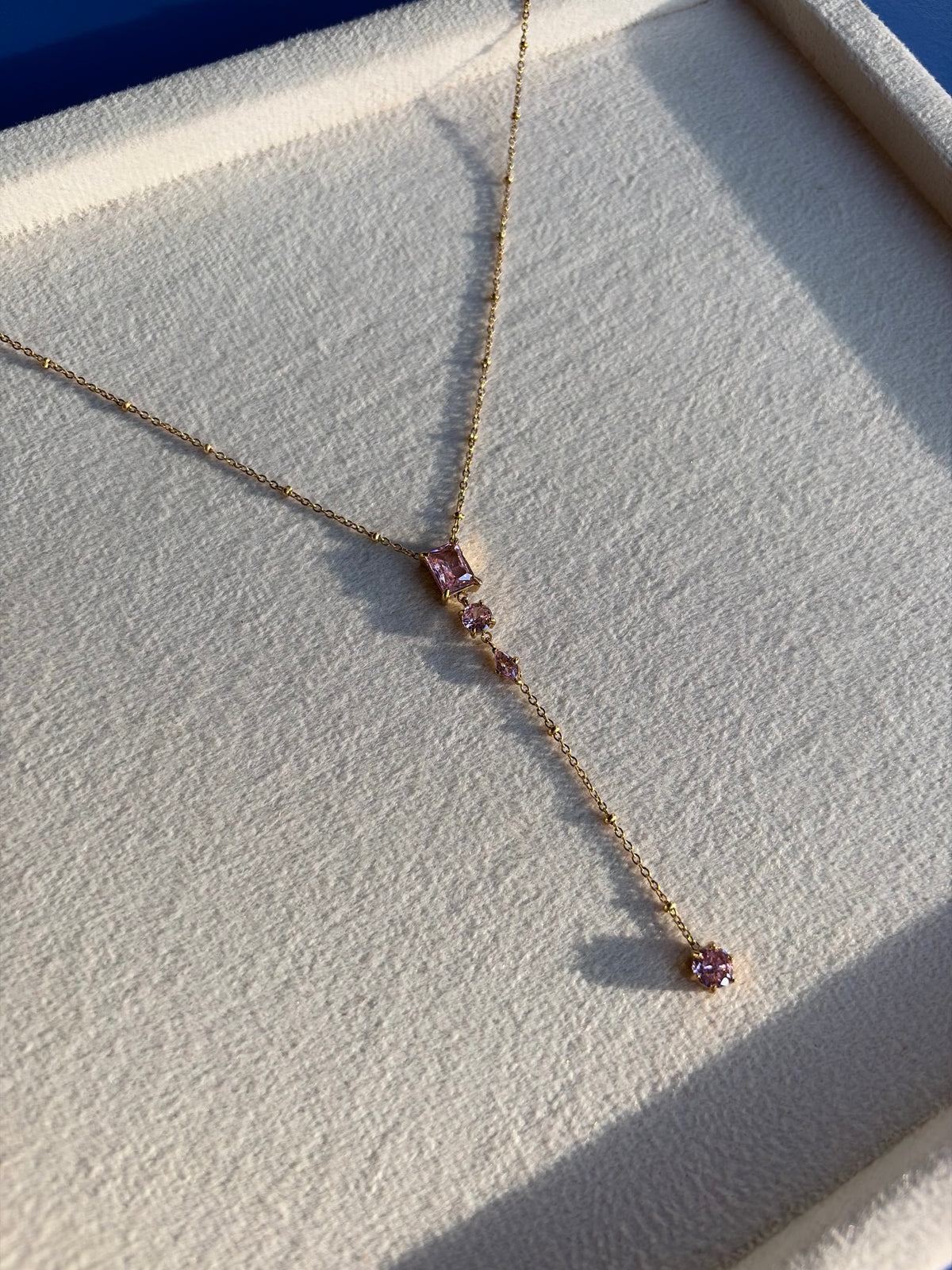 Pink Crystal Cascade Lariat Necklace