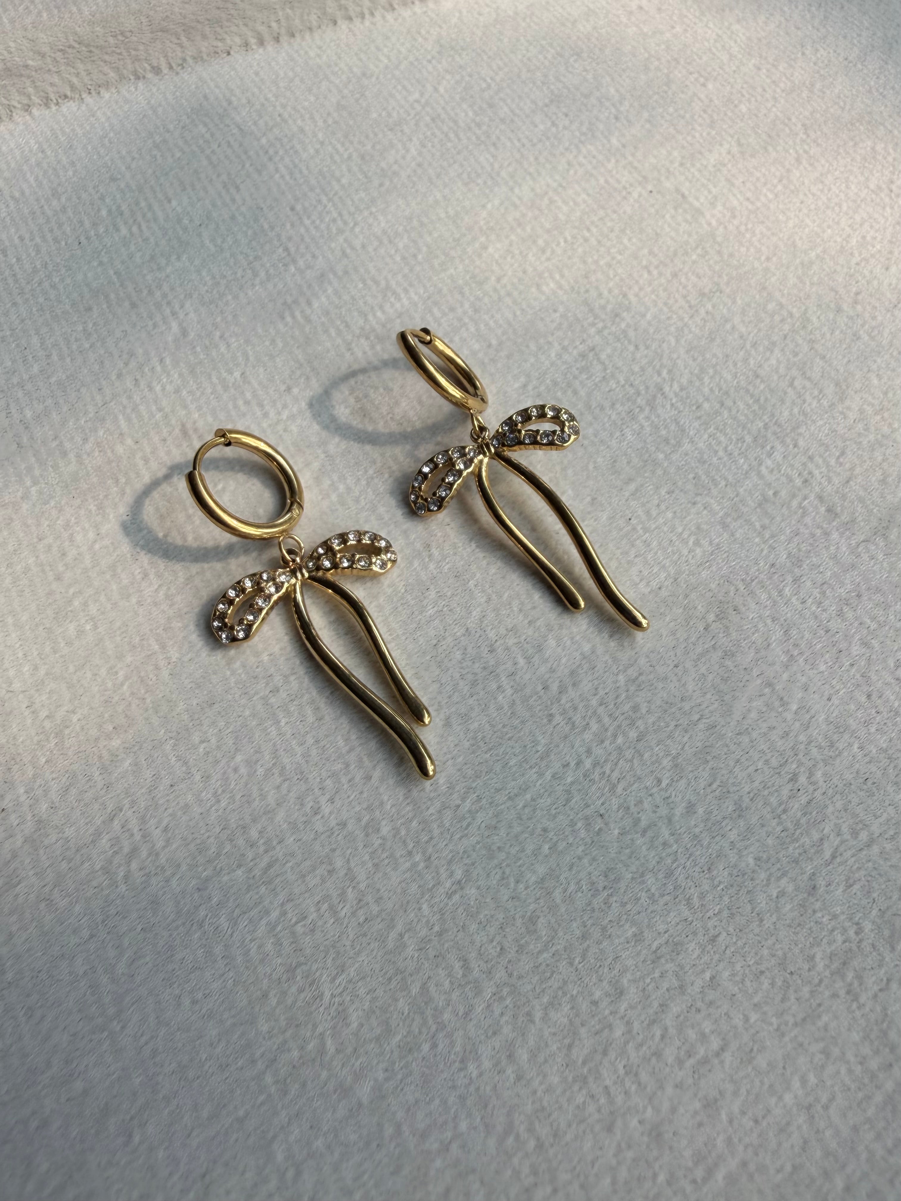 Crystal Bow Drop Huggie Earrings