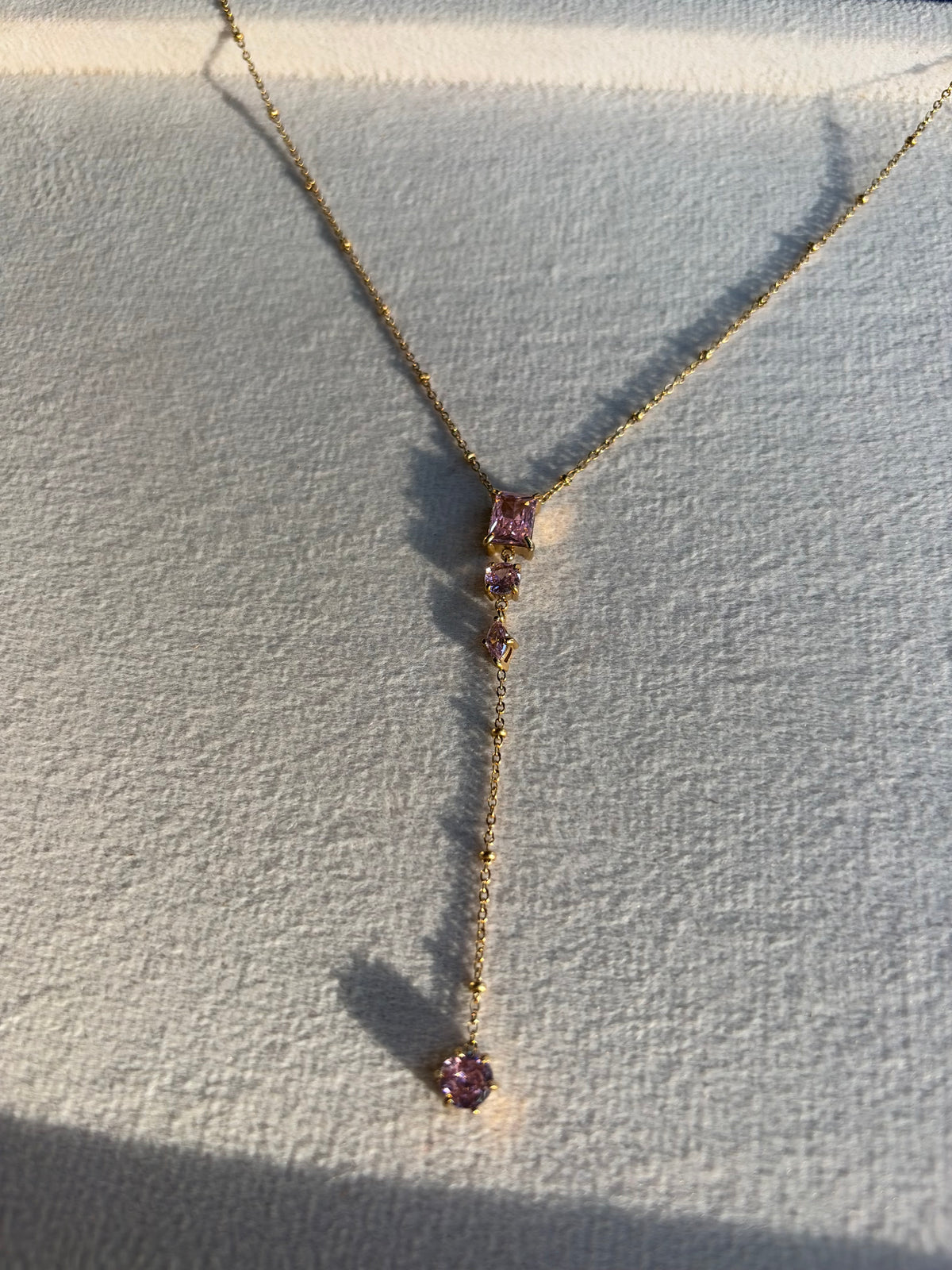 Pink Crystal Cascade Lariat Necklace
